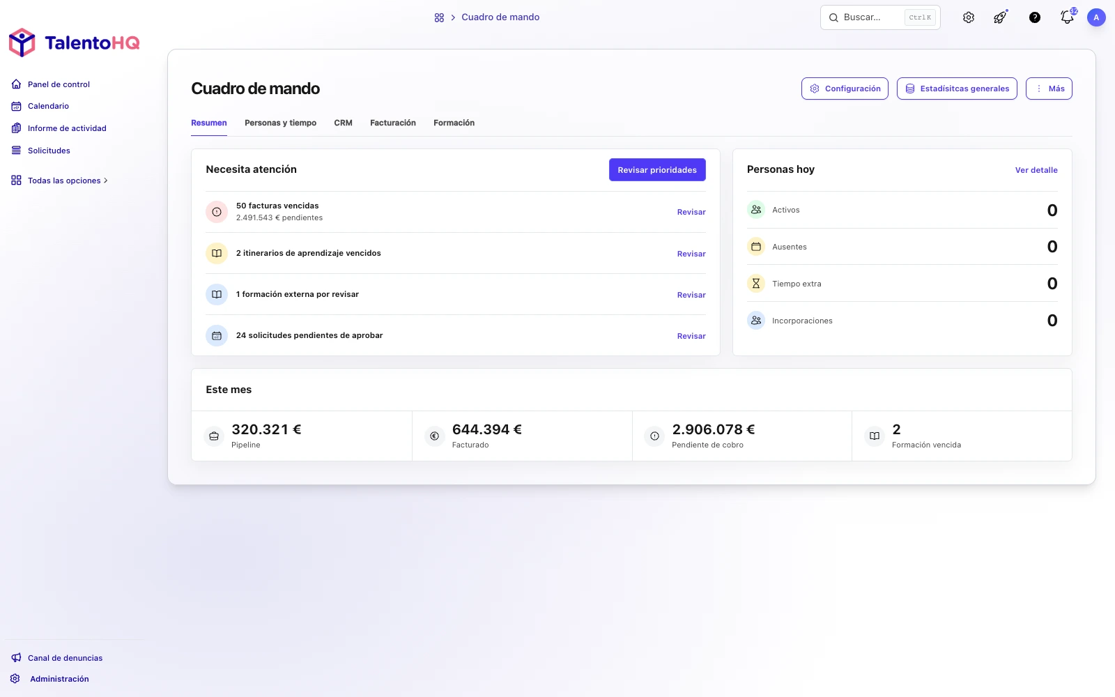 Panel de control de TalentoHQ con módulos de RRHH, facturación, documentos y gestión empresarial