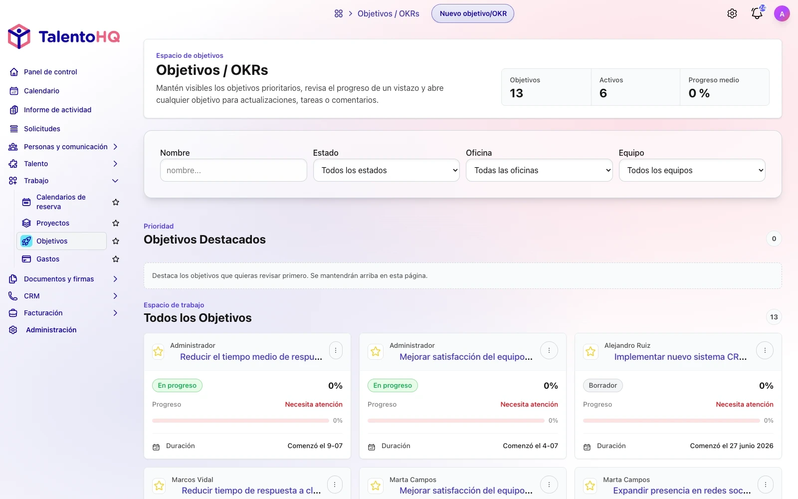 Vista actualizada de objetivos con filtros, objetivos destacados y objetivos del equipo