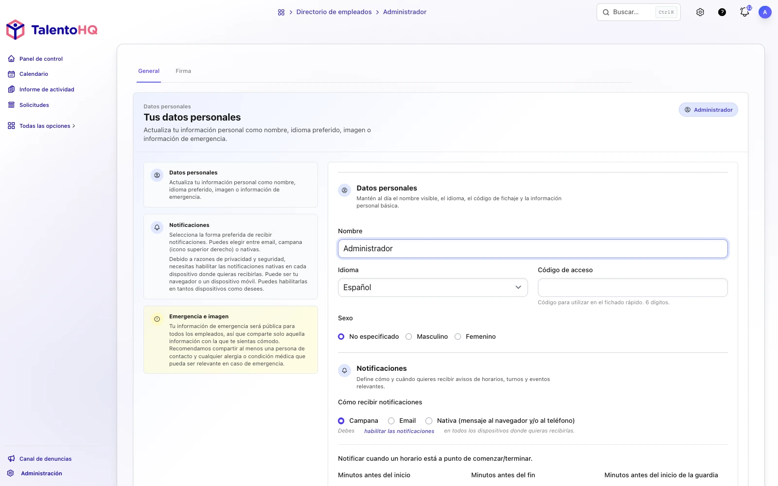 Control horario y avisos de fichaje en el portal del empleado