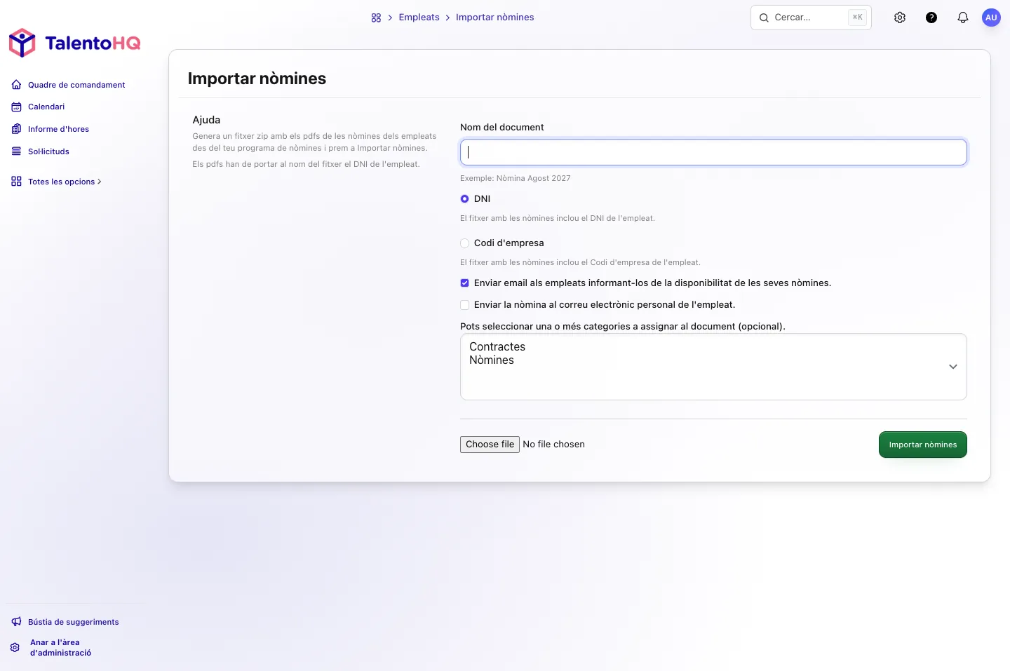 Pantalla d'Importar nòmines a TalentoHQ, amb el nom del document, el DNI o el codi d'empresa i la pujada del ZIP.