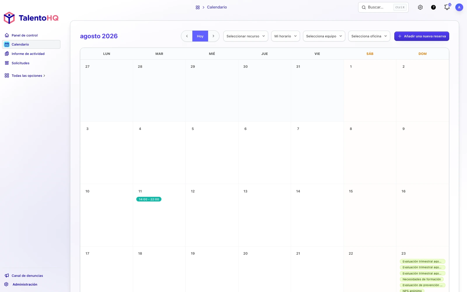 TalentoHQ: calendario y gestión de presencia del portal del empleado