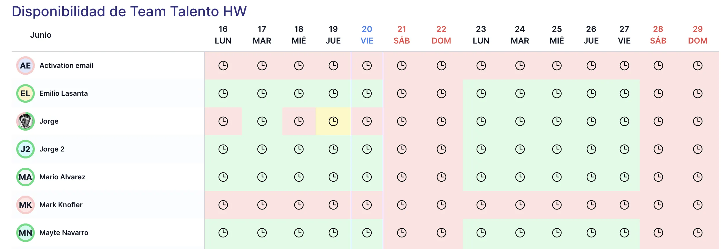 calendario de disponibilidad