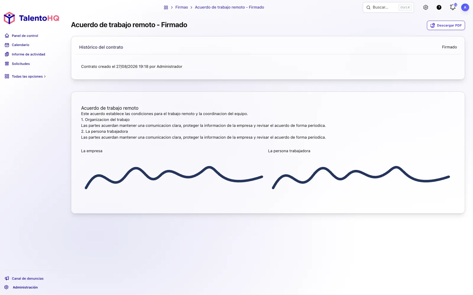 Contrato firmado digitalmente en TalentoHQ para agilizar el finiquito y documentación de baja