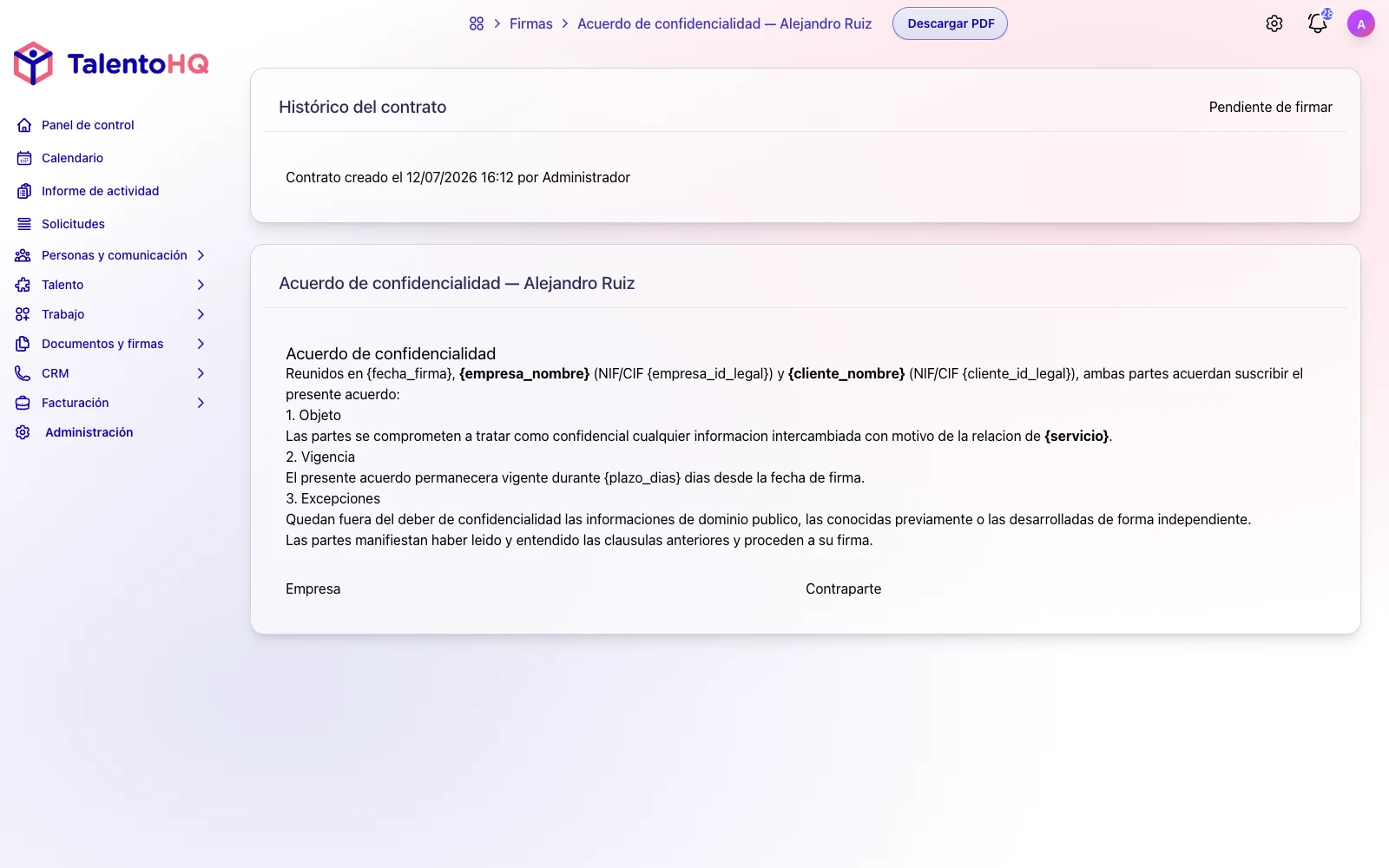 Contrato firmado digitalmente en TalentoHQ para agilizar el finiquito y documentación de baja