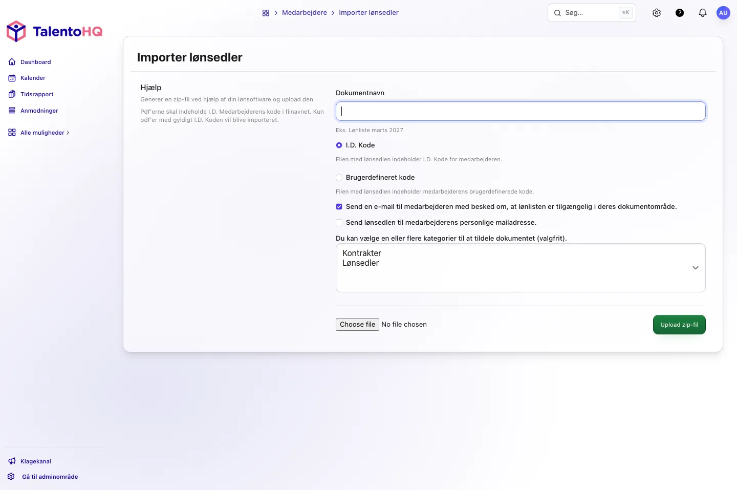 TalentoHQ-siden Importer lønsedler med dokumentnavn, I.D. Kode eller brugerdefineret kode og ZIP-upload.