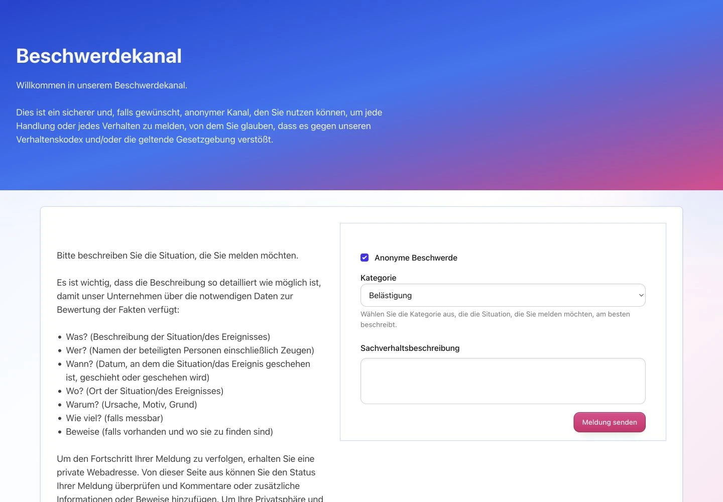 Öffentliches Hinweisgeberformular in TalentoHQ