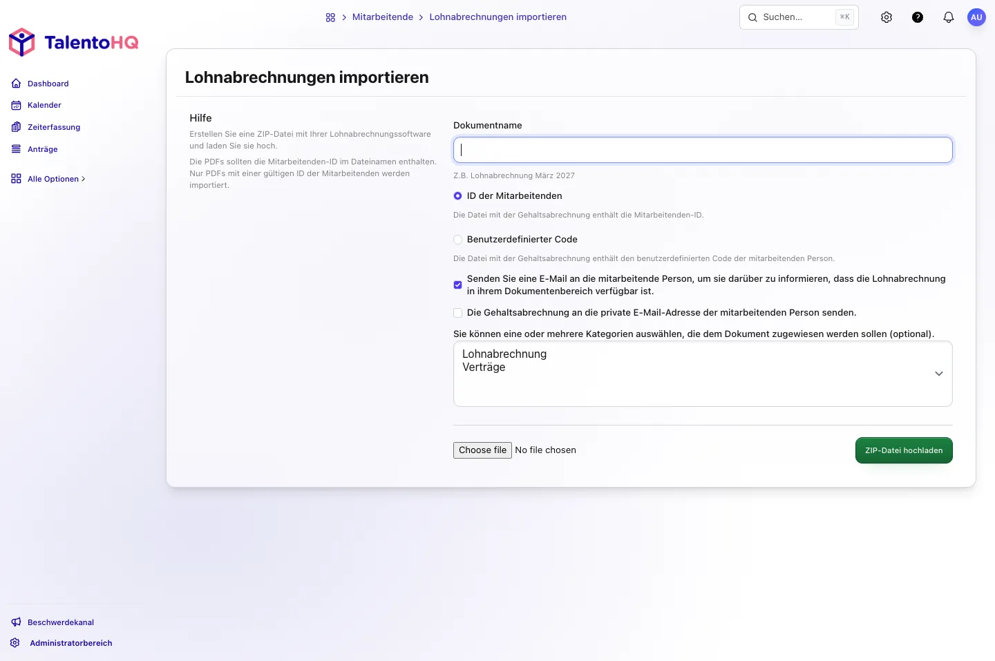 TalentoHQ-Seite Lohnabrechnungen importieren, mit Dokumentname, ID der Mitarbeitenden oder benutzerdefiniertem Code und ZIP-Upload.