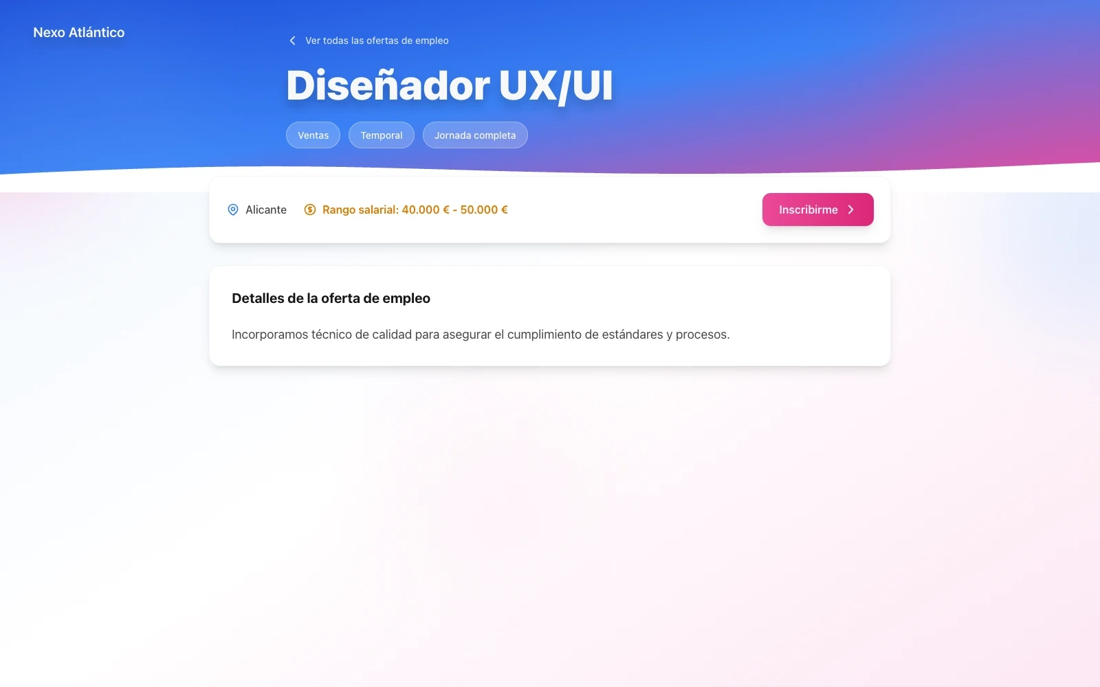 Detalle de una oferta de empleo pública con título, tipo de contrato y rango salarial en TalentoHQ