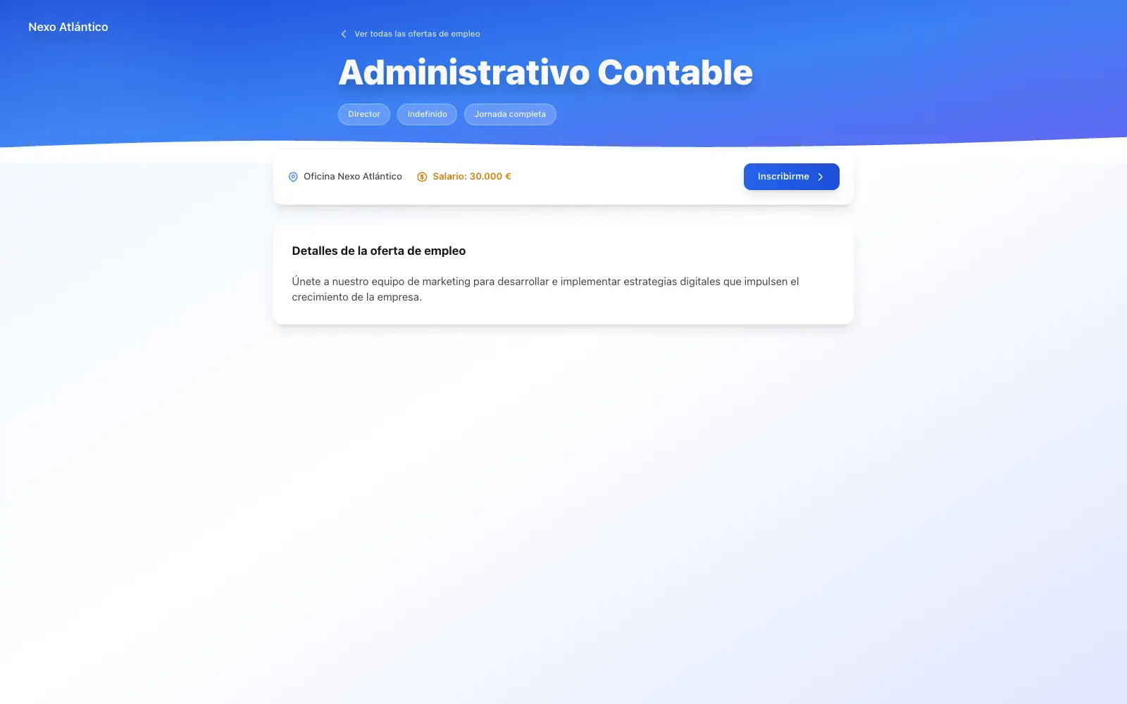 Detalle de una oferta de empleo pública con título, tipo de contrato y rango salarial en TalentoHQ