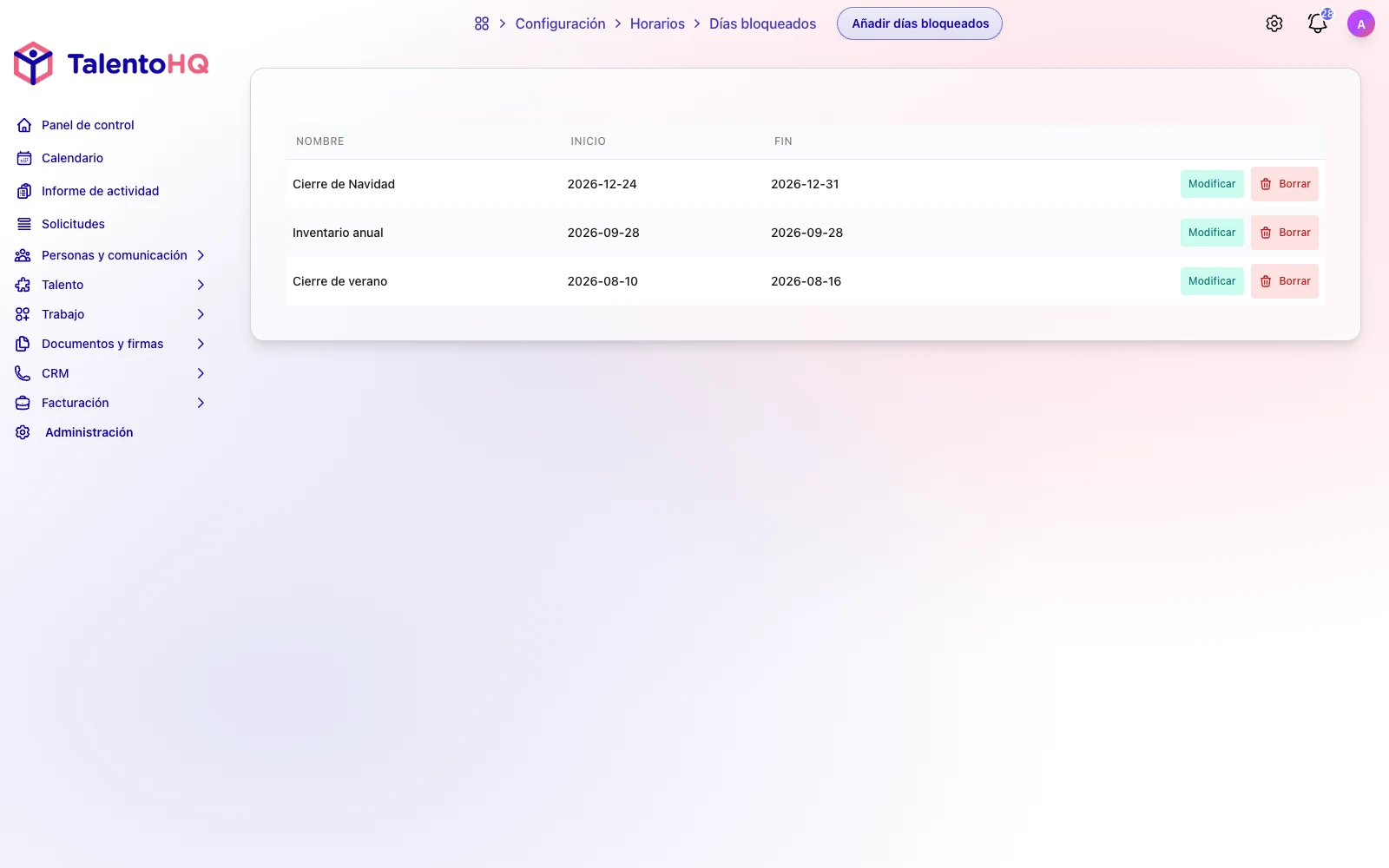 Configuración de periodos bloqueados para solicitudes de vacaciones por oficina o equipo