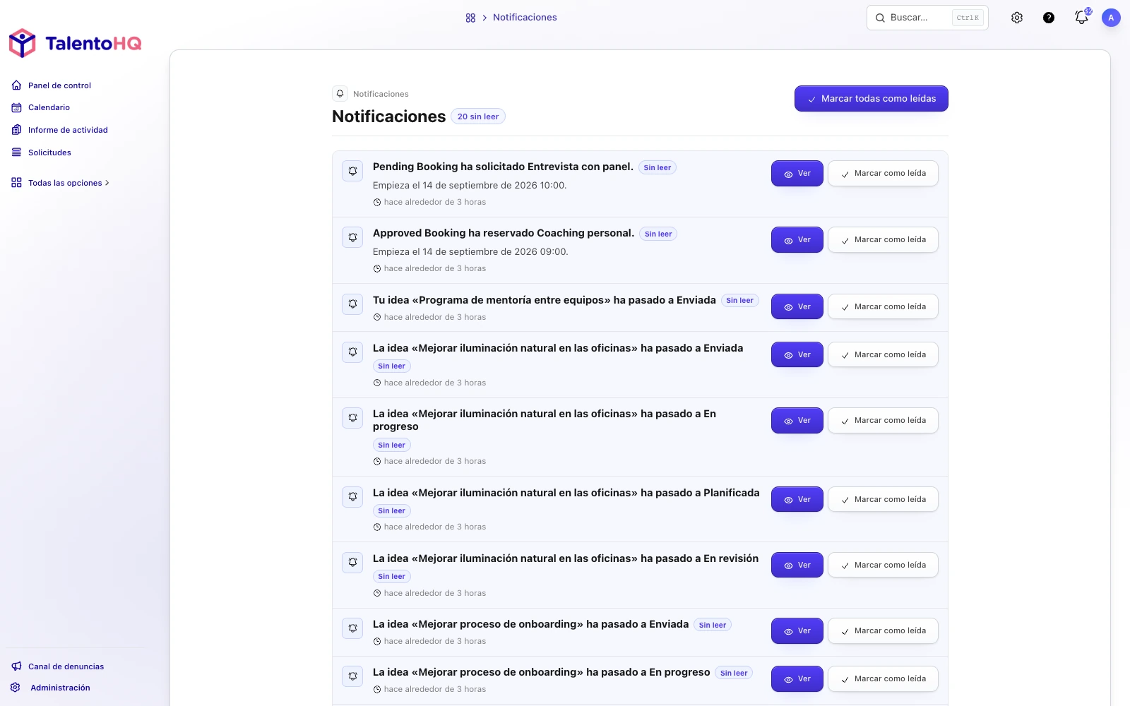 Ejemplo de notificación de fichaje en TalentoHQ con control de horarios laborales