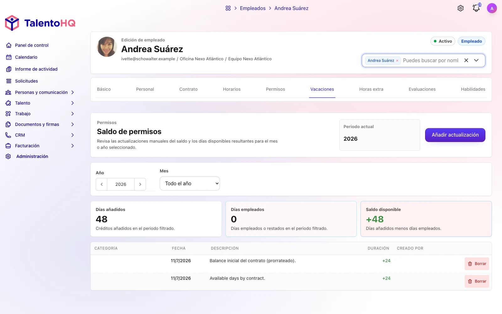 gestión de empleados días disponibles