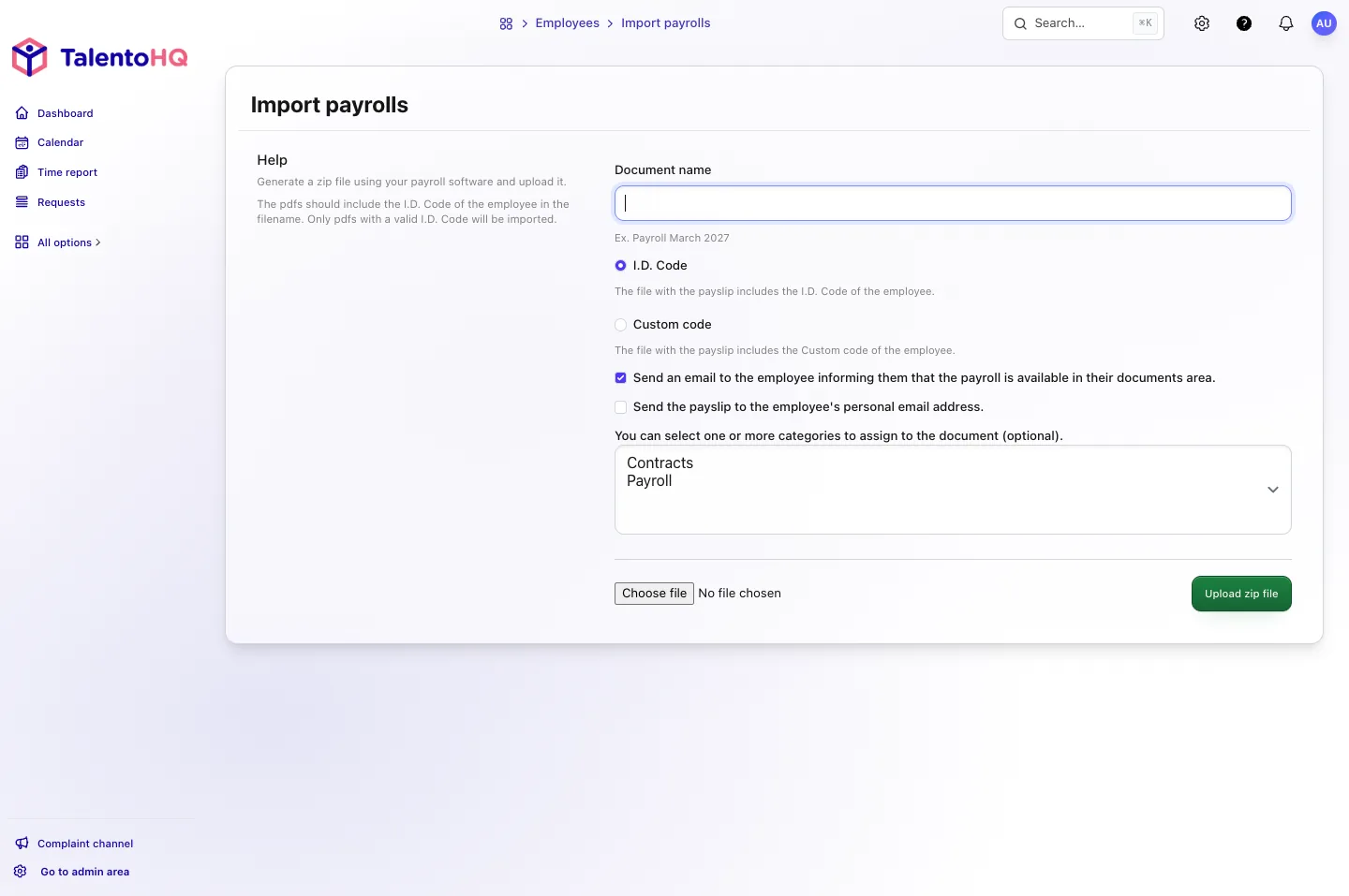 TalentoHQ Import payrolls screen, with the document name, I.D. Code or custom code, and the ZIP upload.