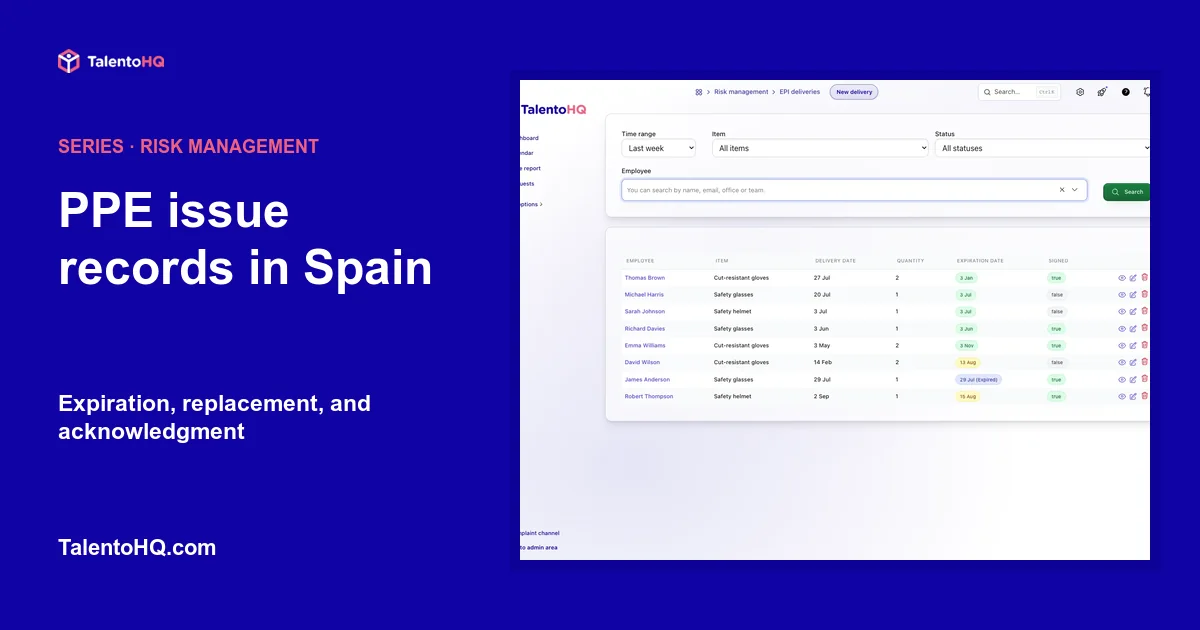 PPE issue records in Spain: expiration, replacement, and acknowledgment
