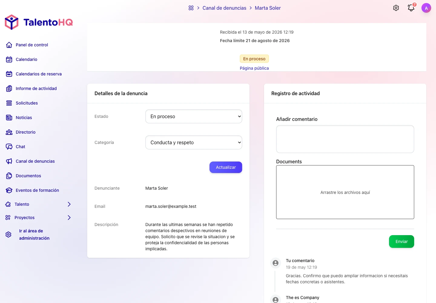 Expediente interno de denuncia con seguimiento, plazos y responsables