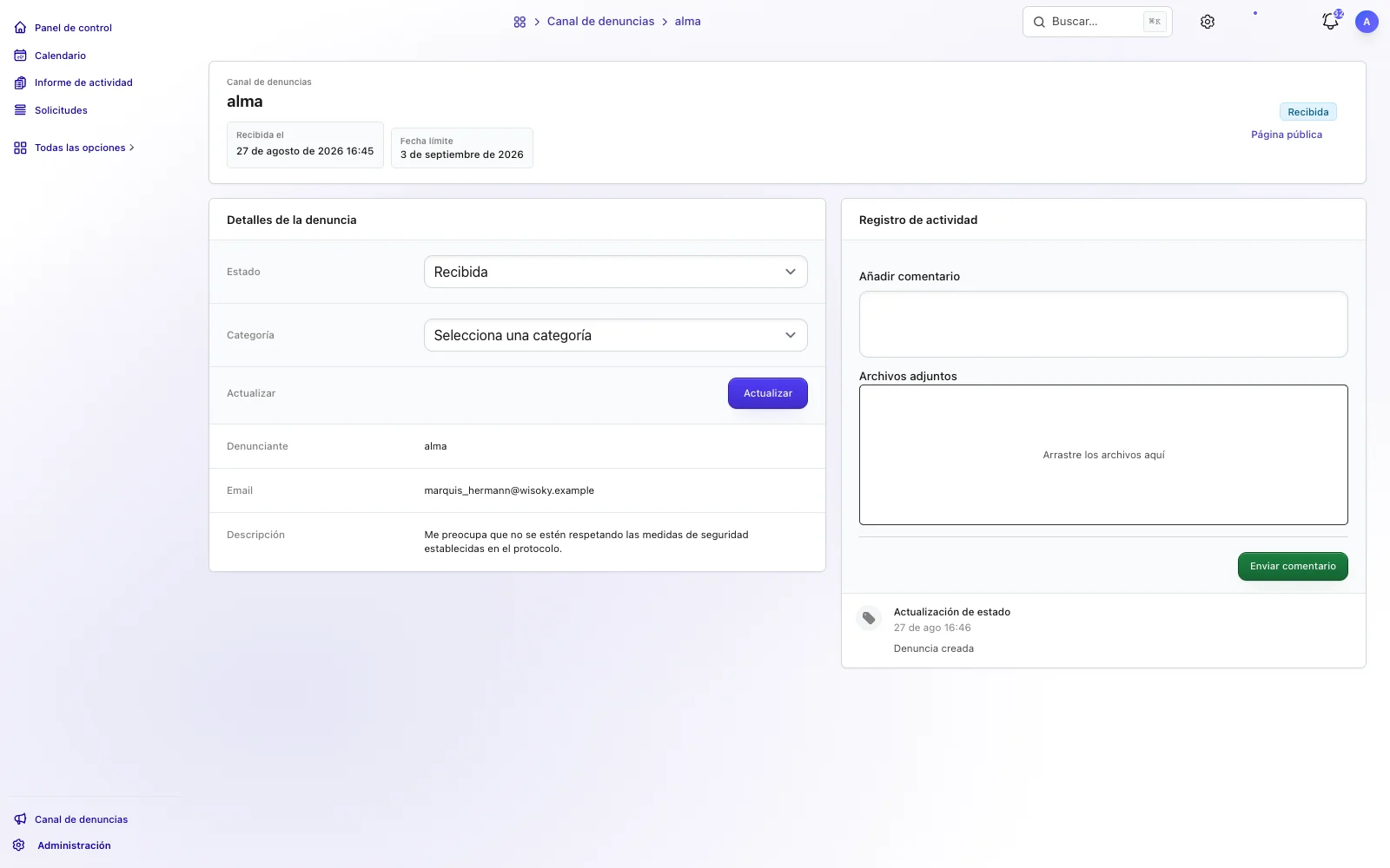Expediente interno de una denuncia en TalentoHQ