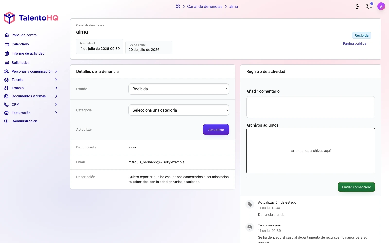 Expediente interno de una denuncia en TalentoHQ