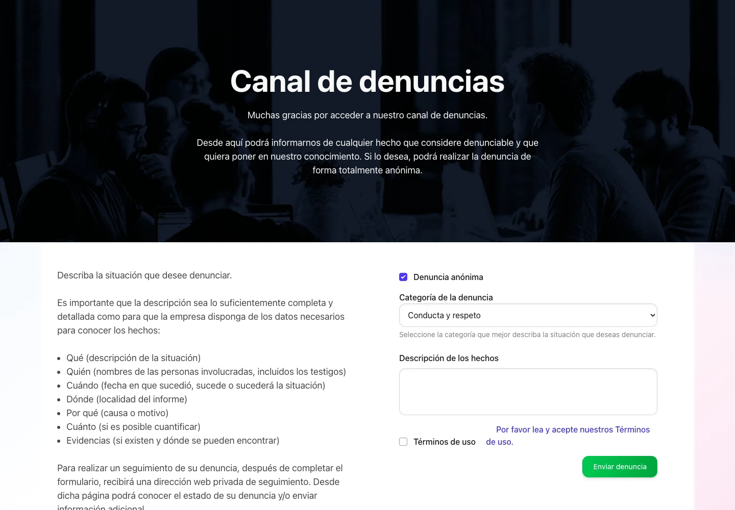 Formulario público del canal de denuncias anónimo con categorías configurables