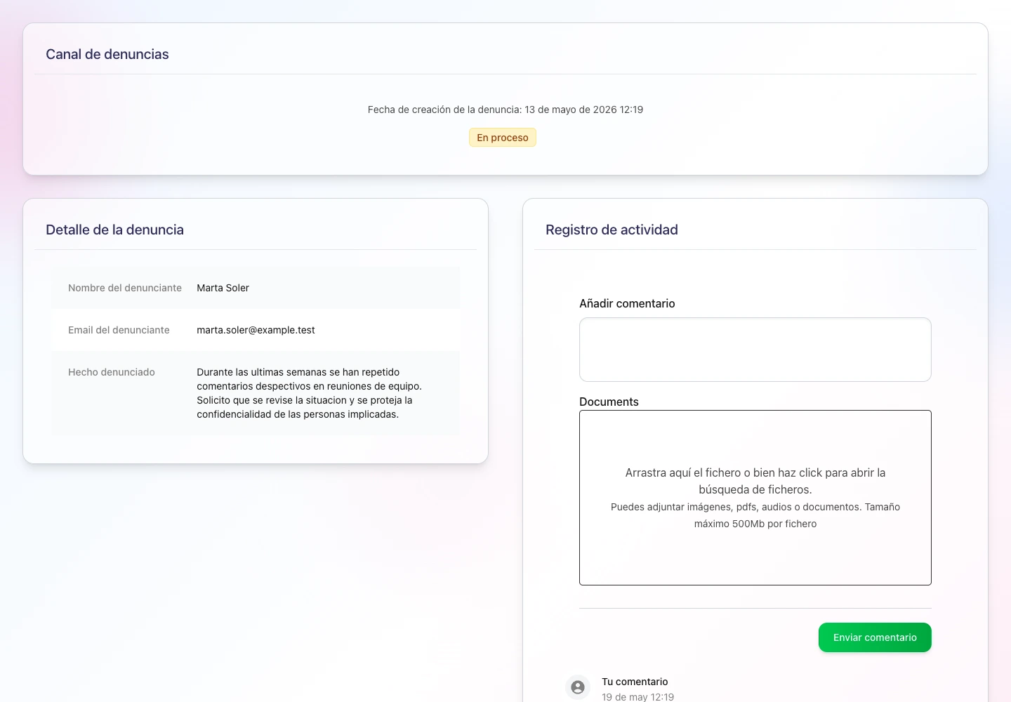 Seguimiento público de una denuncia anónima con código de consulta