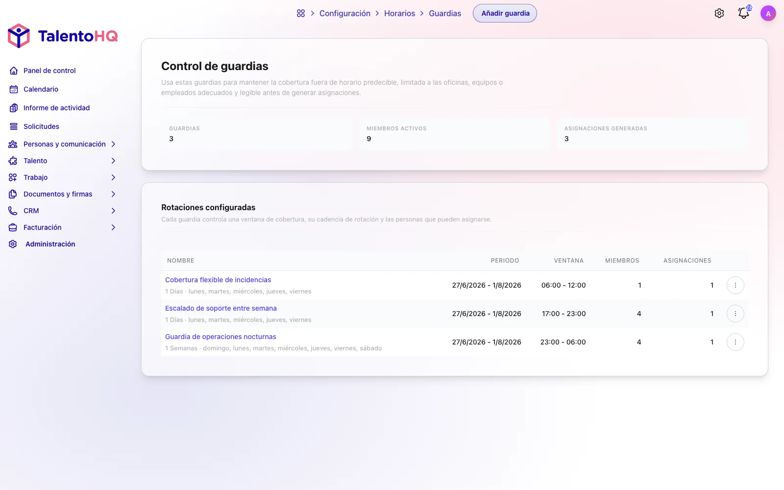Vista de guardias, ausencias y festivos en el calendario de TalentoHQ
