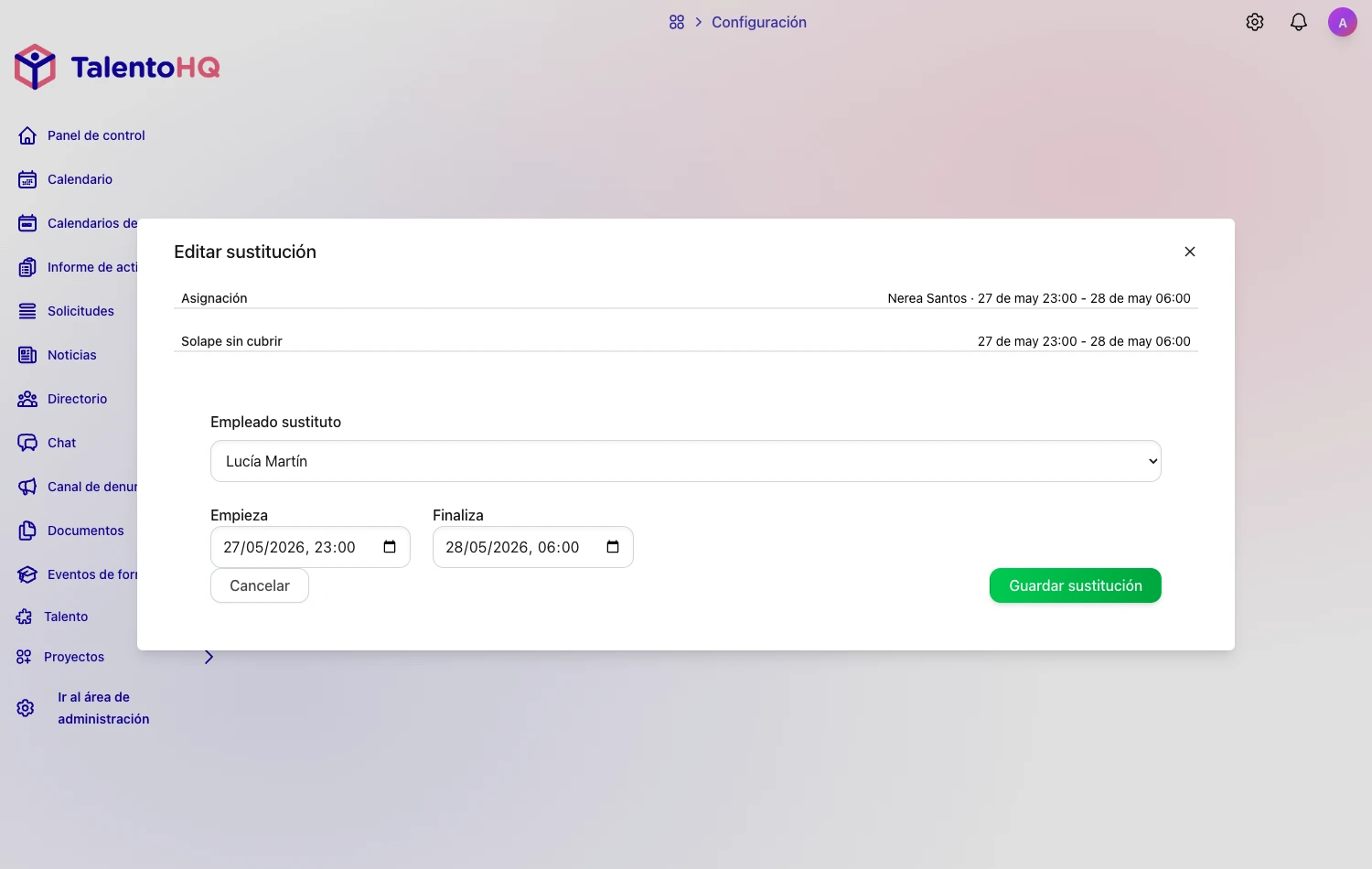 Detalle de sustitución de una guardia con fechas y empleado sustituto en TalentoHQ