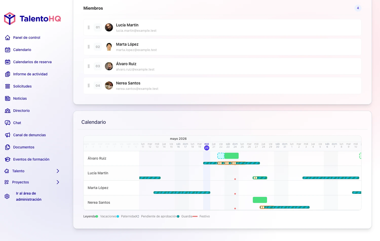 Calendario de guardias nocturnas con miembros y rotaciones en TalentoHQ