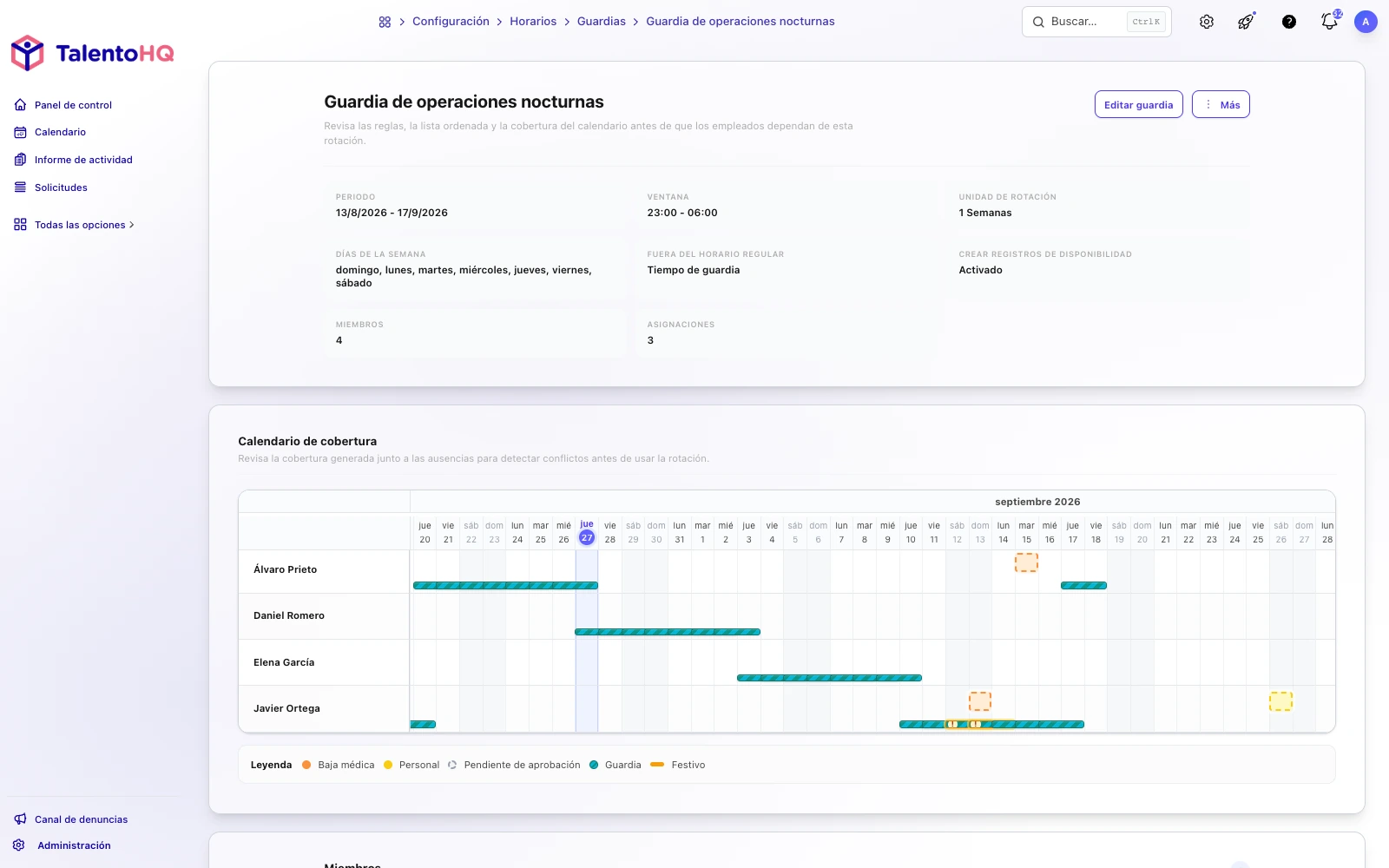 Calendario de guardias nocturnas con miembros y rotaciones en TalentoHQ