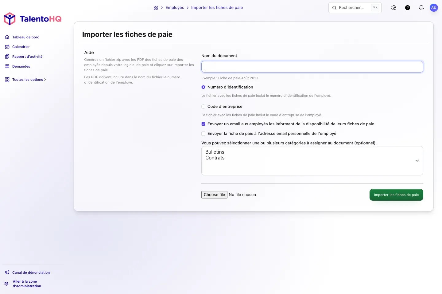 Écran Importer les fiches de paie dans TalentoHQ, avec le nom du document, le numéro d’identification ou le code d’entreprise, et l’envoi du ZIP.