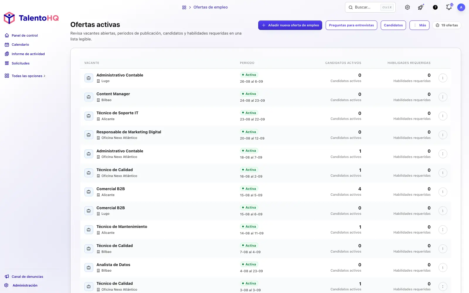 Pipeline de contratación tipo kanban con etapas configurables en TalentoHQ