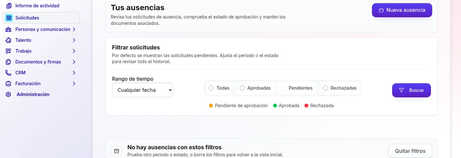 Histórico de solicitudes de vacaciones y ausencias con estados de aprobación en TalentoHQ