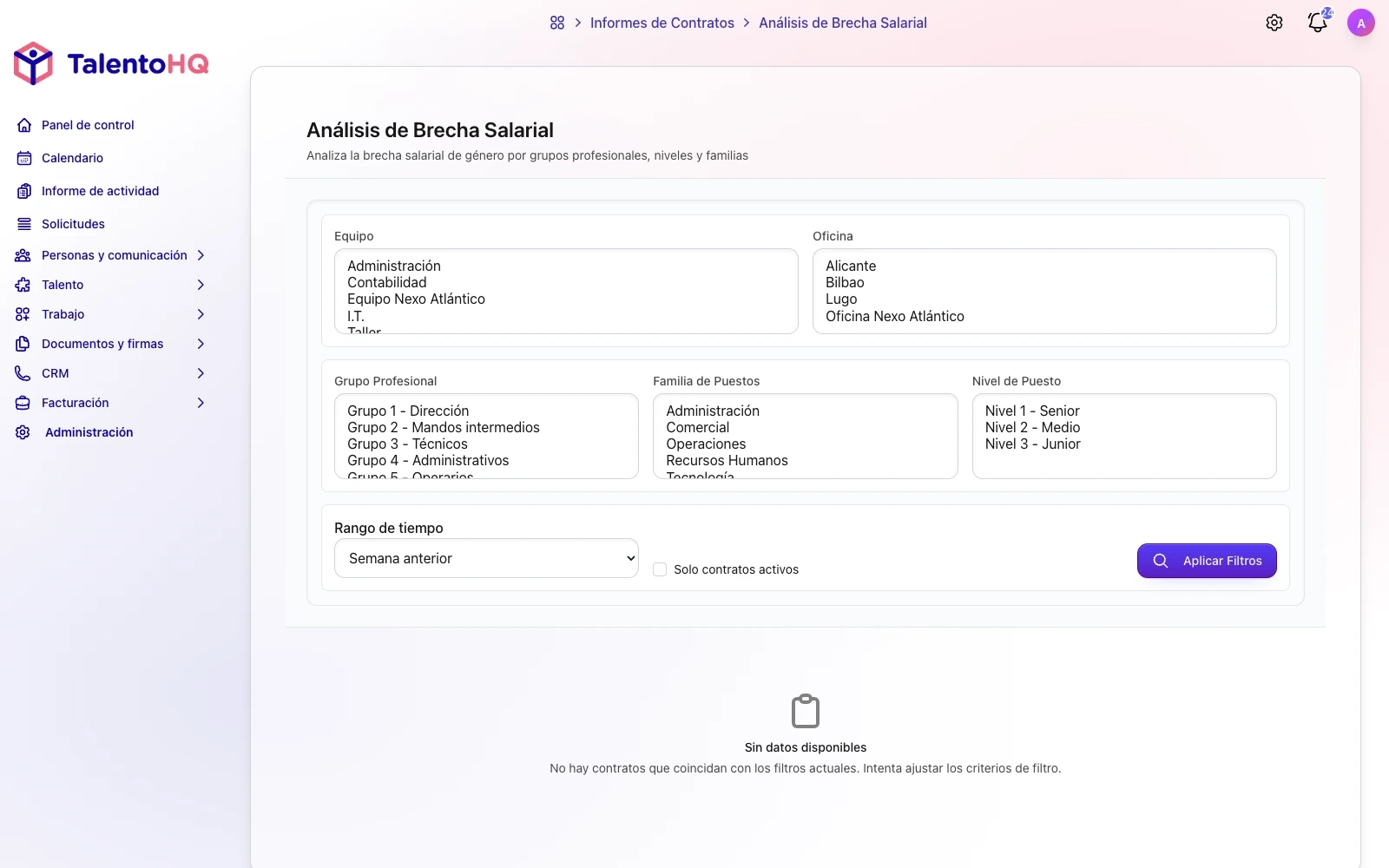 Informe de brecha salarial en TalentoHQ: alertas automáticas, estadísticas y desglose por grupo y género