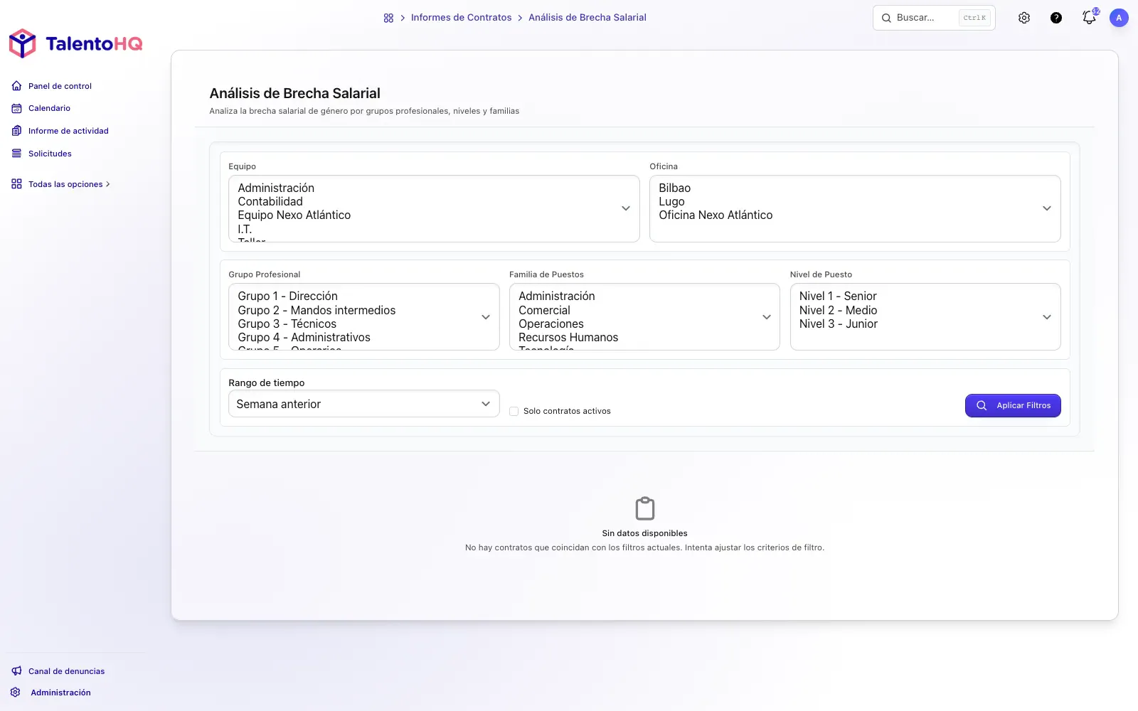 Informe de brecha salarial en TalentoHQ: alertas automáticas, estadísticas y desglose por grupo y género