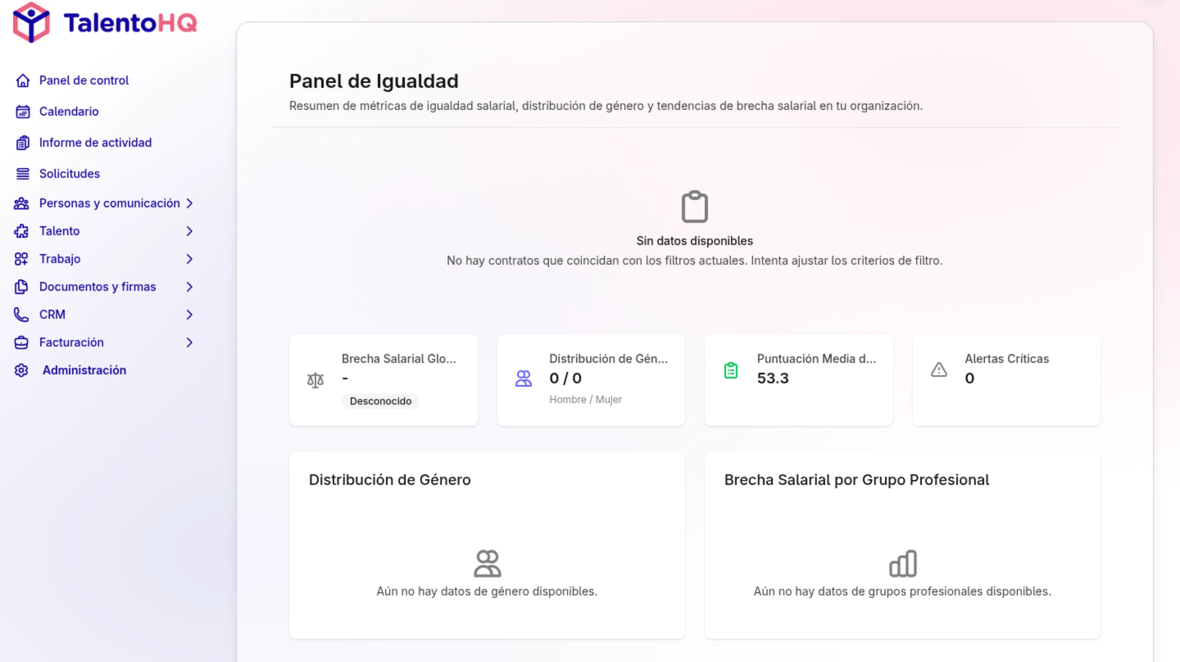 Panel de control de igualdad salarial en TalentoHQ con alertas y visualización de brechas