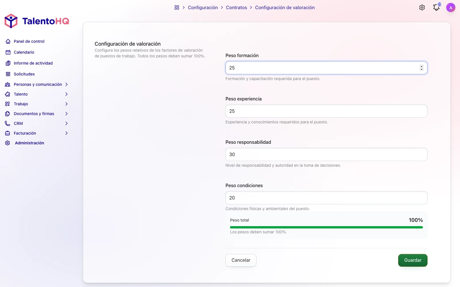 Valoración de puestos de trabajo en TalentoHQ: puntuación objetiva con 4 factores ponderados
