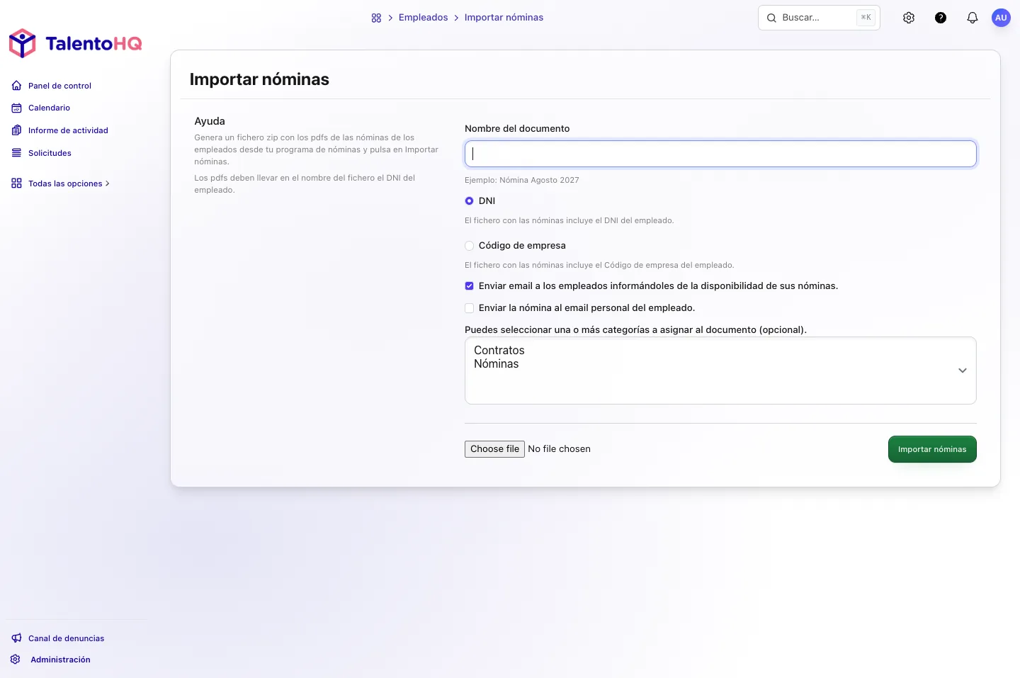 Pantalla de Importar nóminas en TalentoHQ, con el nombre del documento, el DNI o el código de empresa y la subida del ZIP.
