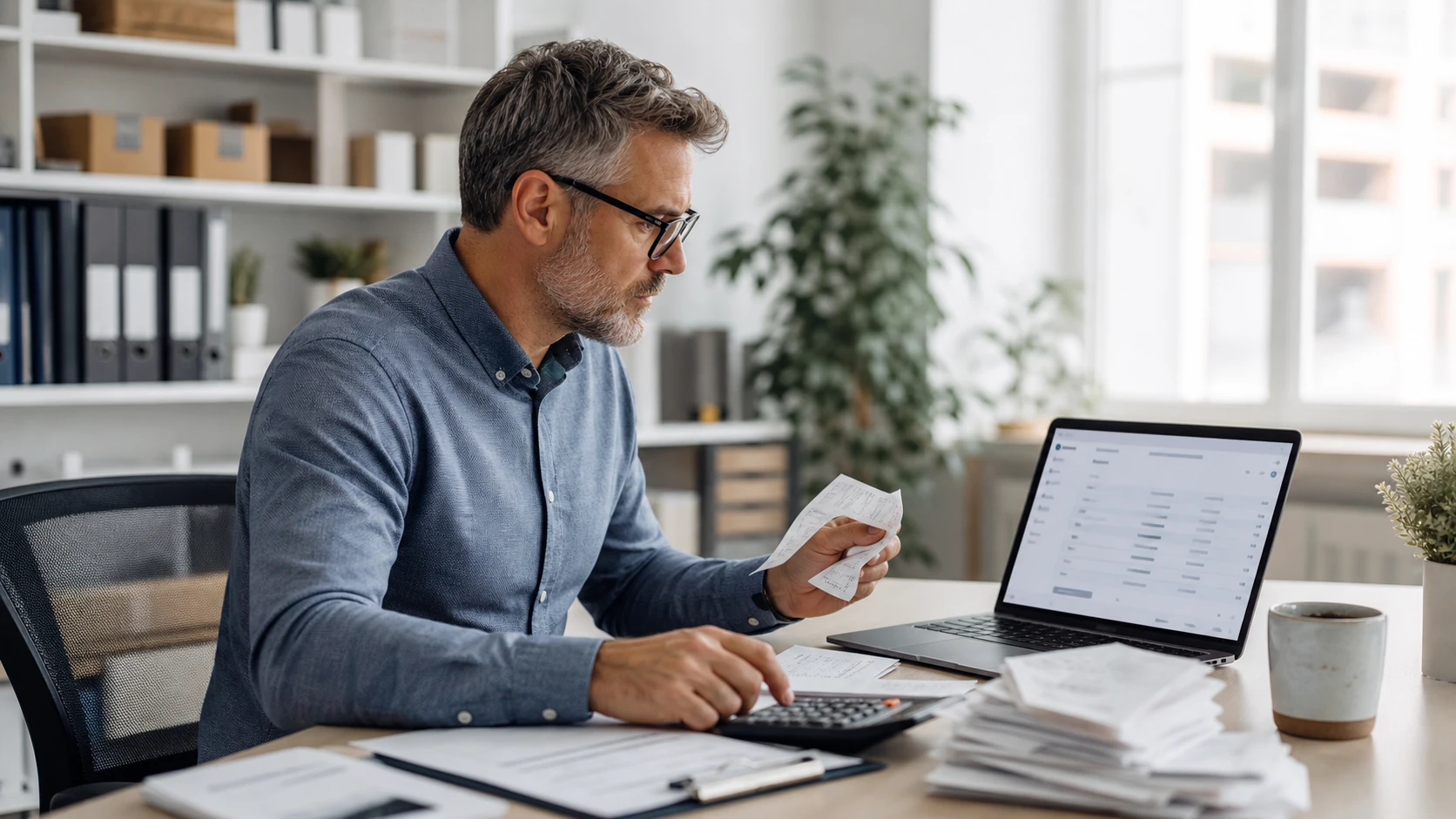 Business owner reviewing invoices and expense records