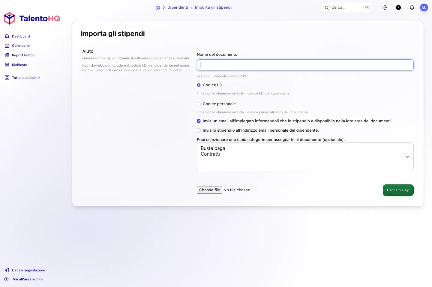 Schermata Importa gli stipendi in TalentoHQ, con il nome del documento, il codice I.D. o il codice personale e il caricamento dello ZIP.