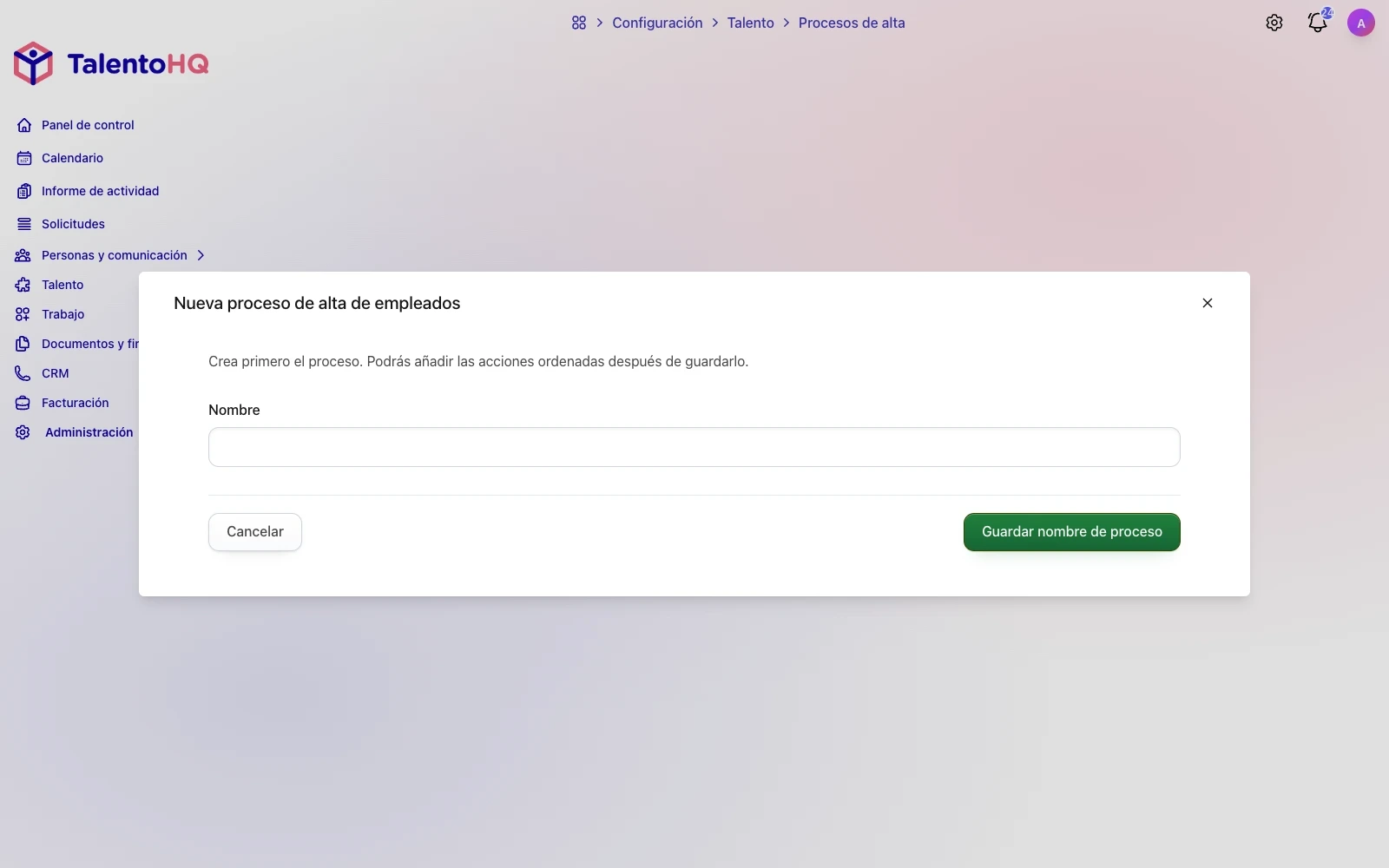 Formulario para crear un proceso de onboarding con responsables, tareas y fechas