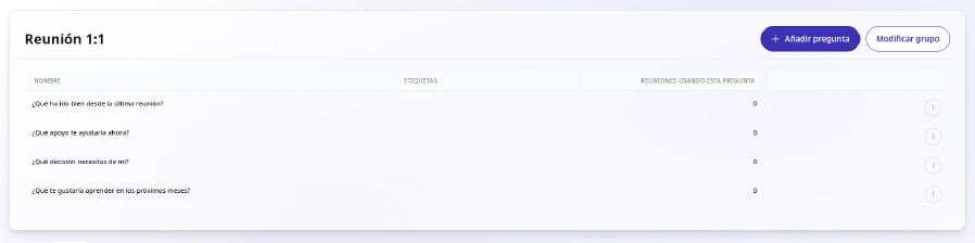 Grupo de preguntas preparado por RRHH para las reuniones 1:1 en TalentoHQ.