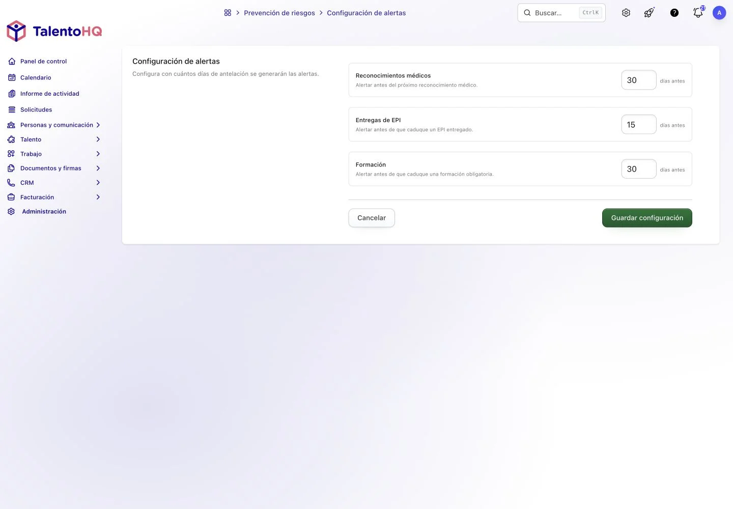 Configuración de días de antelación para reconocimientos, EPI y formación en TalentoHQ