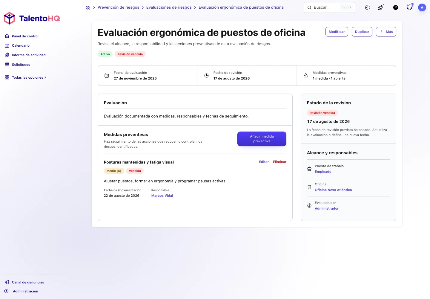 Evaluación y medida preventiva en TalentoHQ como origen del seguimiento de equipos de protección
