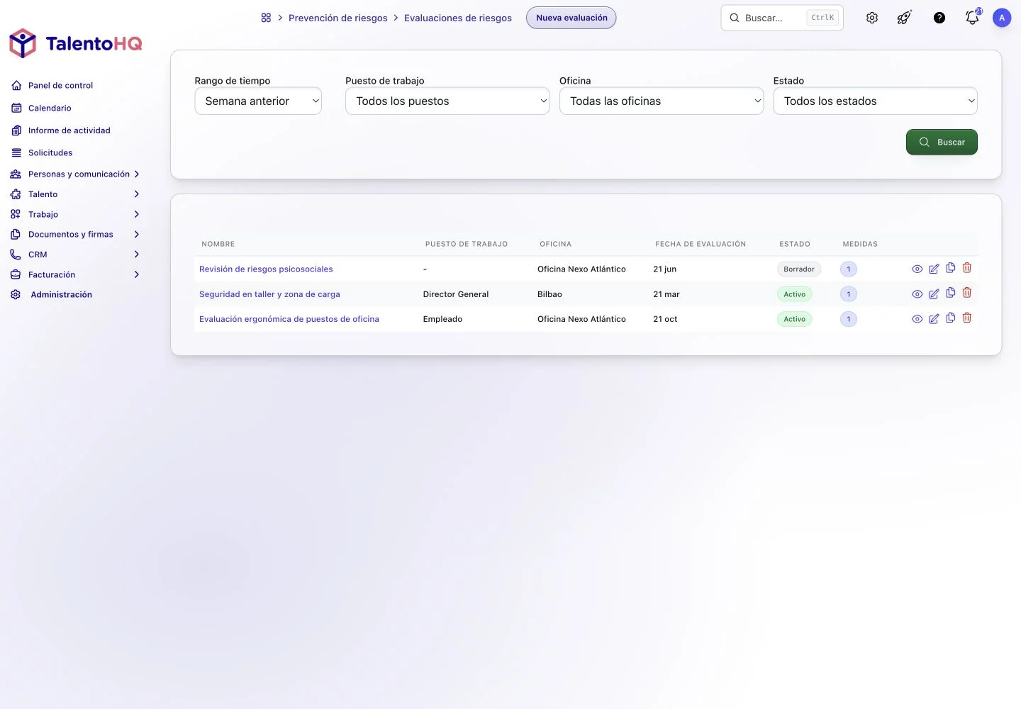 Evaluaciones de riesgos registradas en TalentoHQ con puesto, oficina, estado y medidas