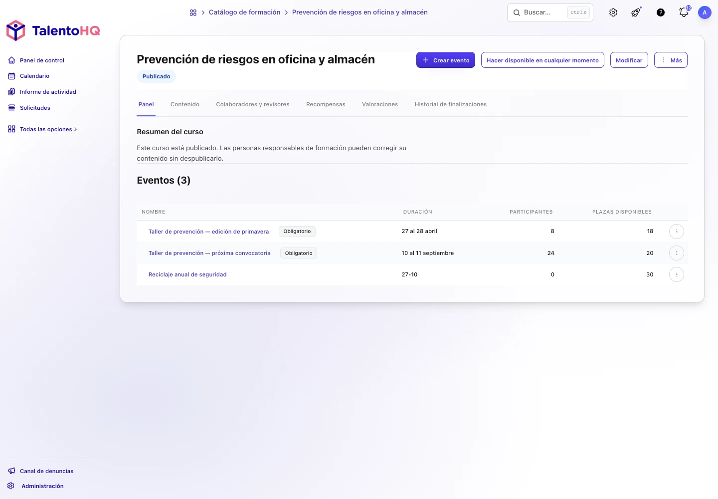 Detalle de una formación de prevención en TalentoHQ con convocatorias y participantes