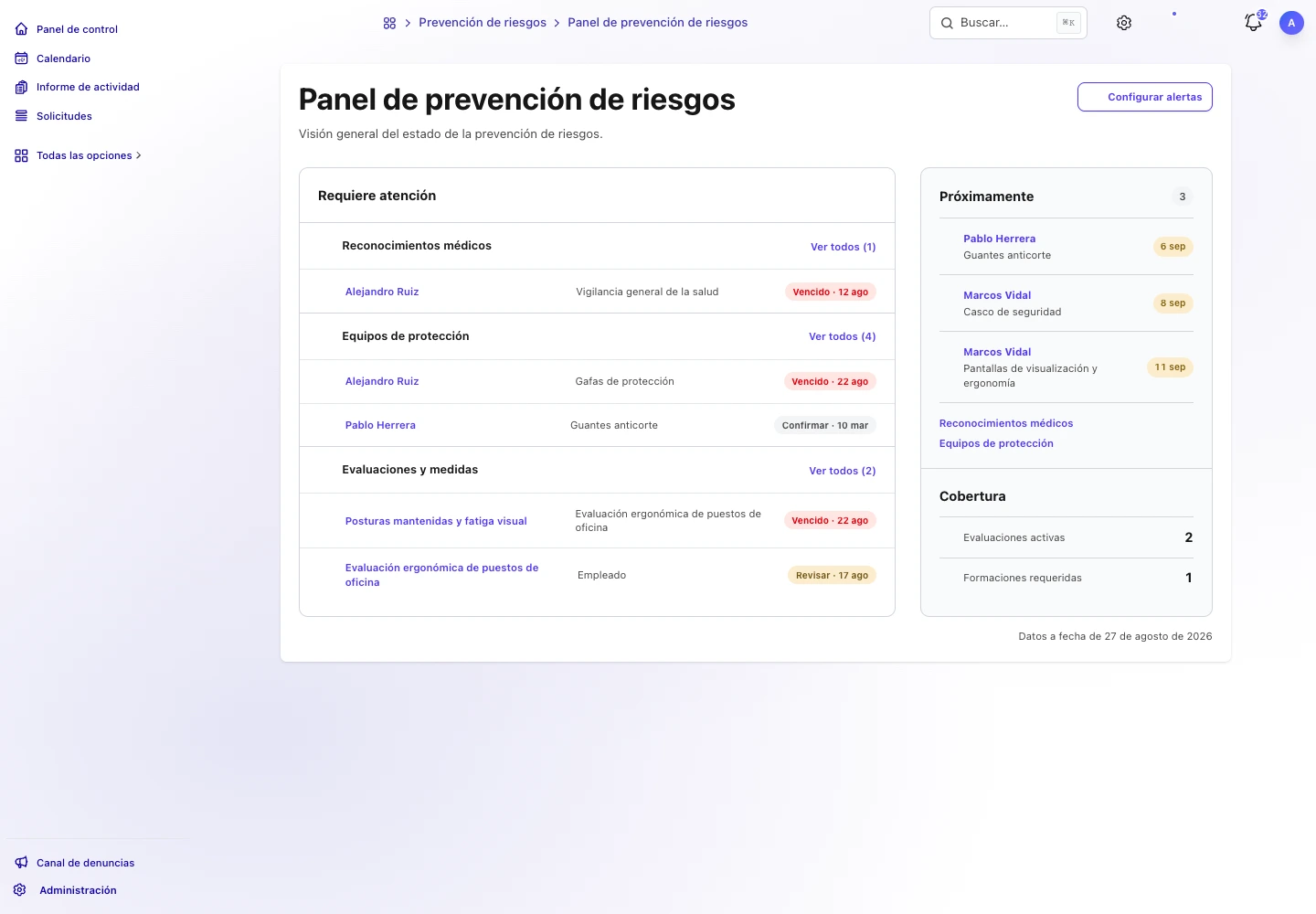 Panel de prevención de TalentoHQ con un reconocimiento vencido y otro próximo
