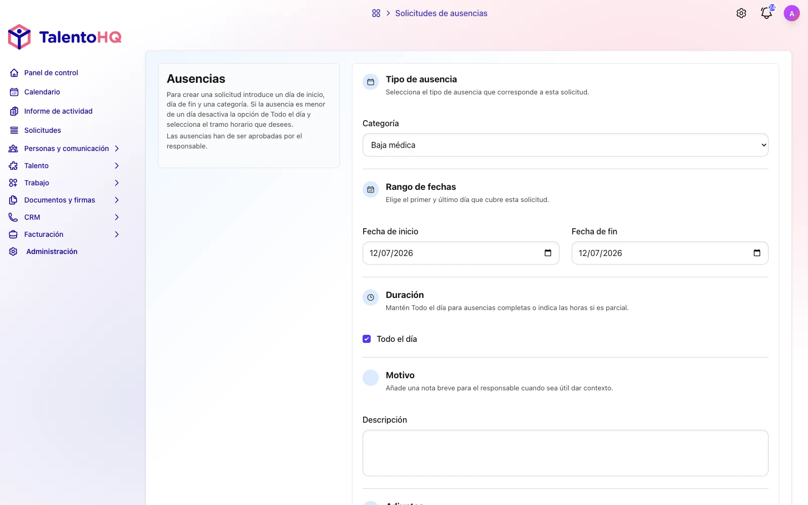 Solicitud de vacaciones y ausencias en TalentoHQ desde un canal único