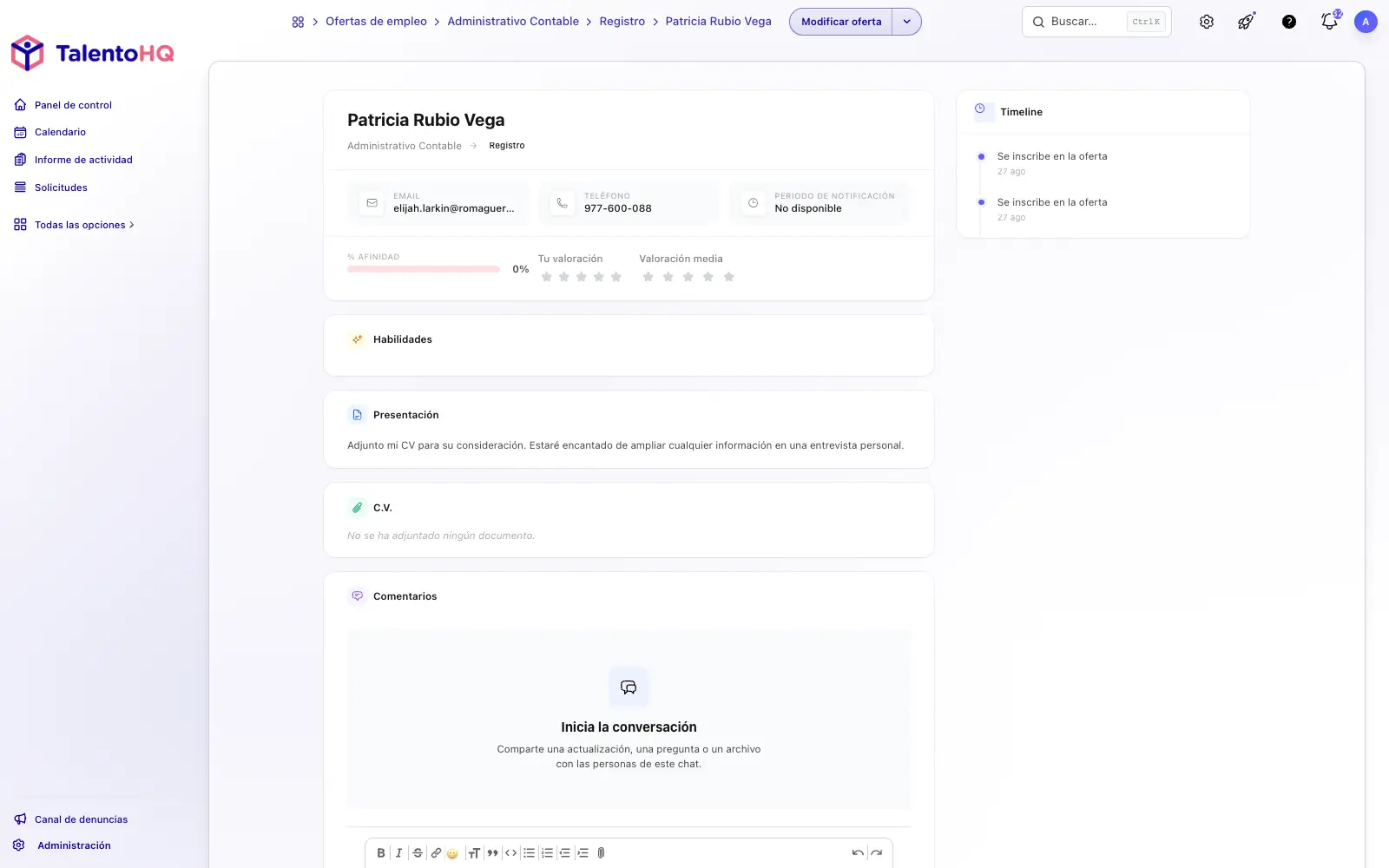 Ficha de candidato con valoración, habilidades y comentarios del evaluador en TalentoHQ
