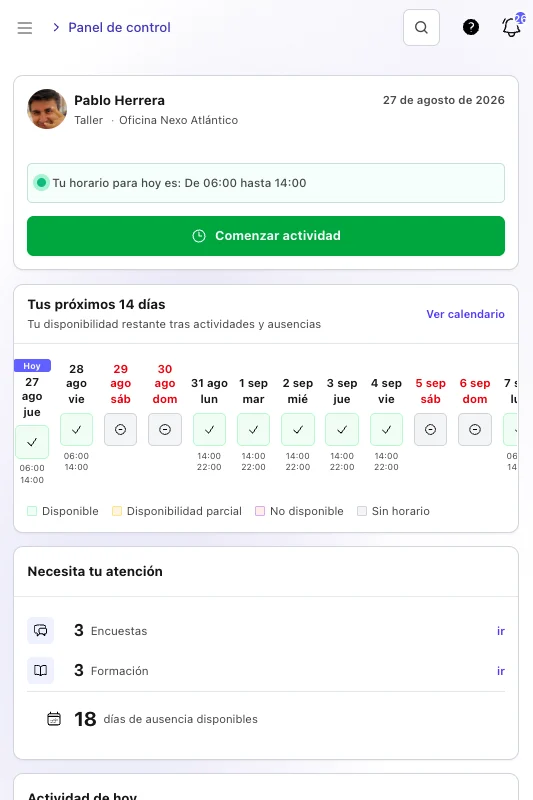 Aplicación móvil de TalentoHQ con acceso a módulos de gestión