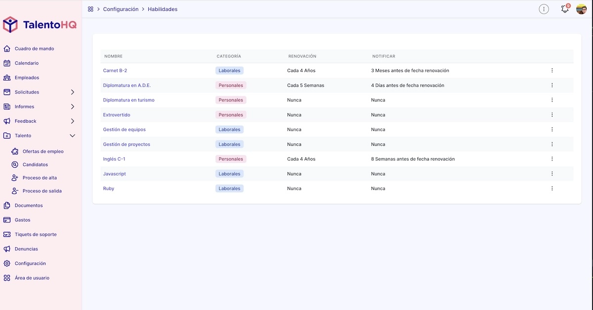 Management of candidate and employee skills with automatic expiry notification