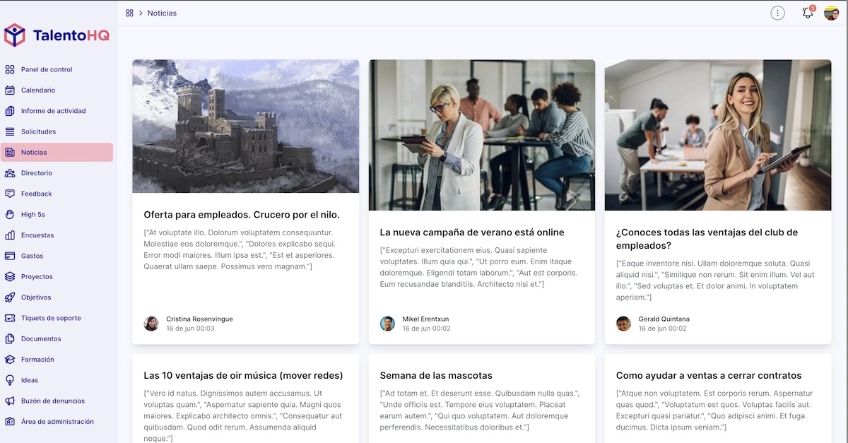 Publica noticias para toda la empresa, por oficina, departamento e incluso idioma. En talentohq.com