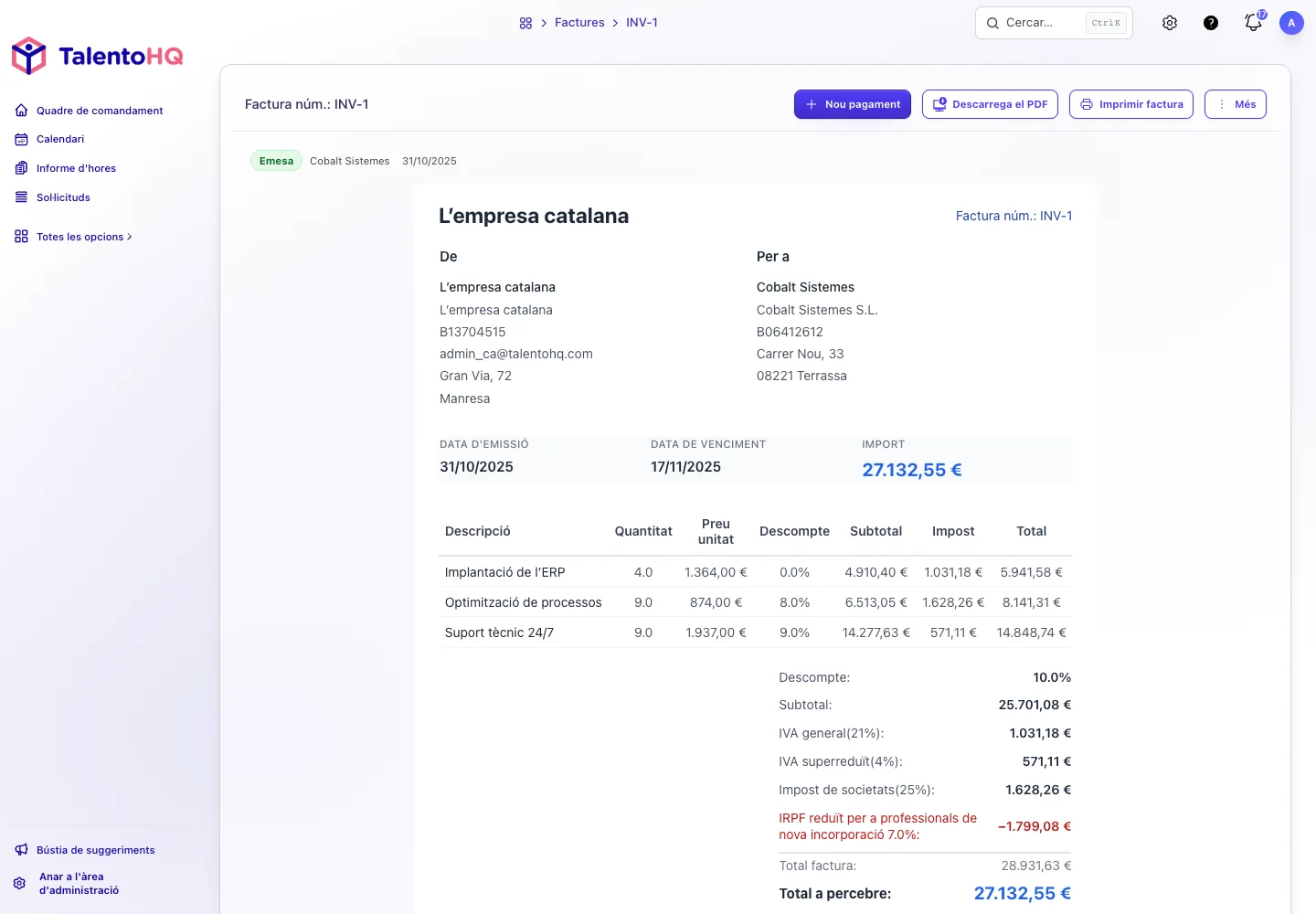 Detall d’una factura amb dades fiscals i de pagament a TalentoHQ en català